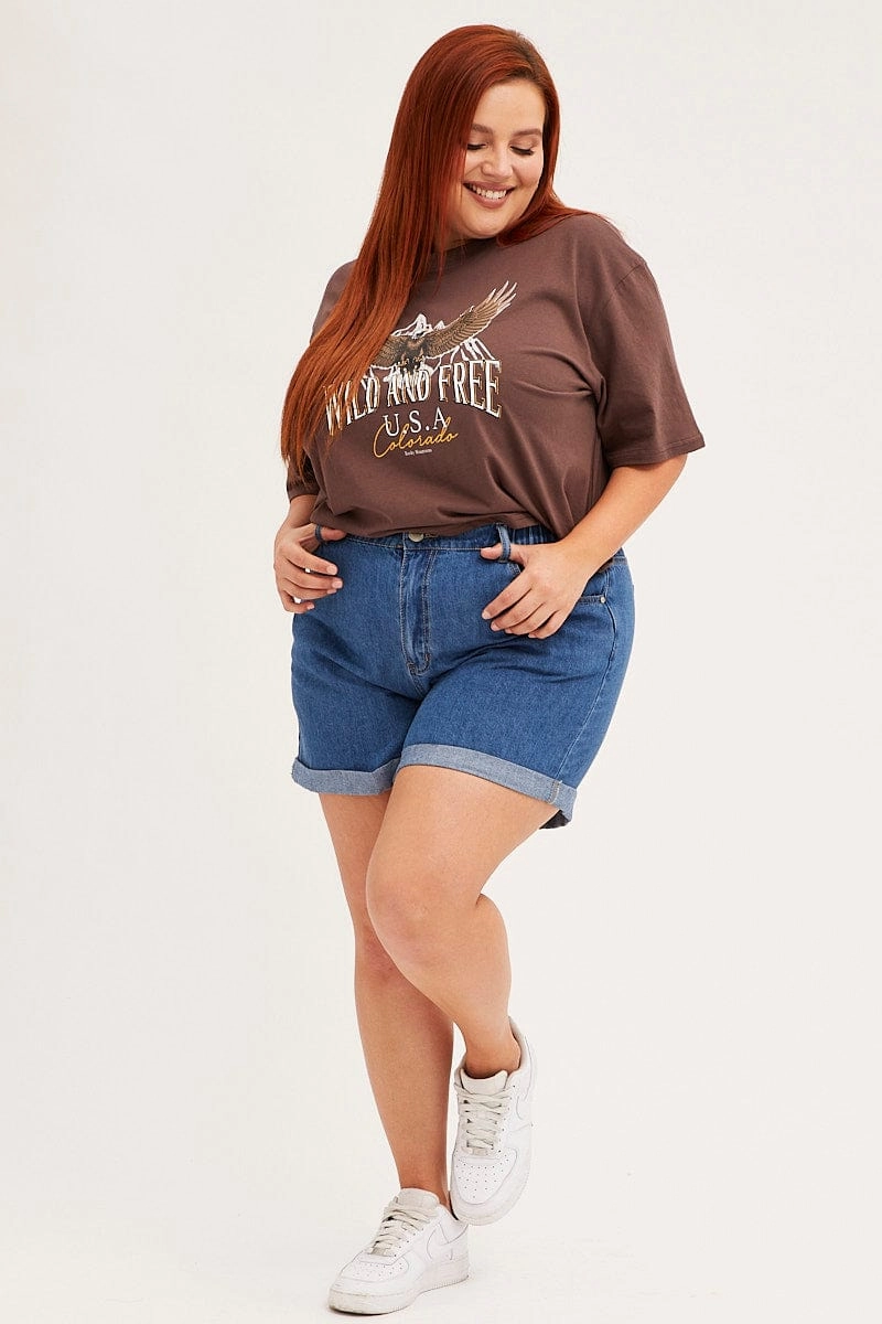 Brown Crop T-shirt Short Sleeve Wild And Free Cotton Non Restrictive Cut Clean Cut