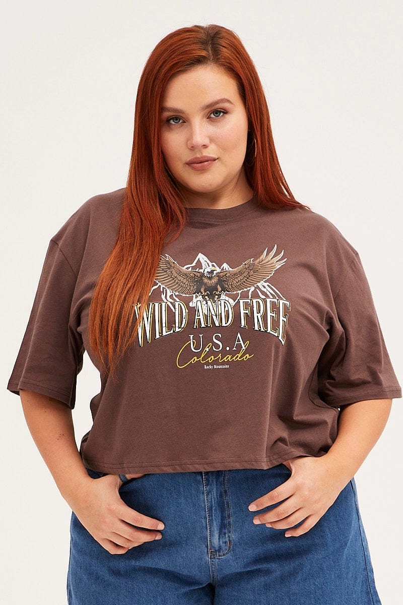 Brown Crop T-shirt Short Sleeve Wild And Free Cotton Anti-bacterial