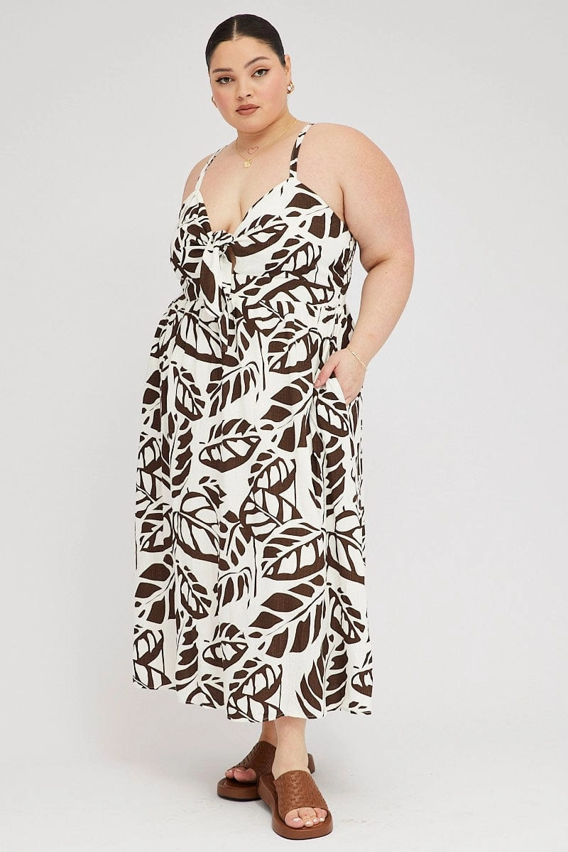 light layering Travel-friendly Brown Floral Midi Dress Linen Blend Sleeveless Pocket Front