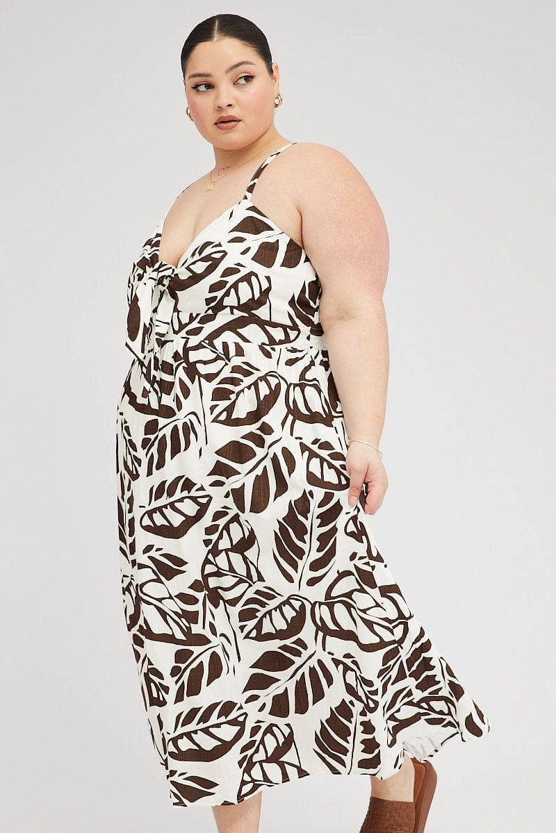 Brown Floral Midi Dress Linen Blend Sleeveless Pocket Front Heart Glow monochrome