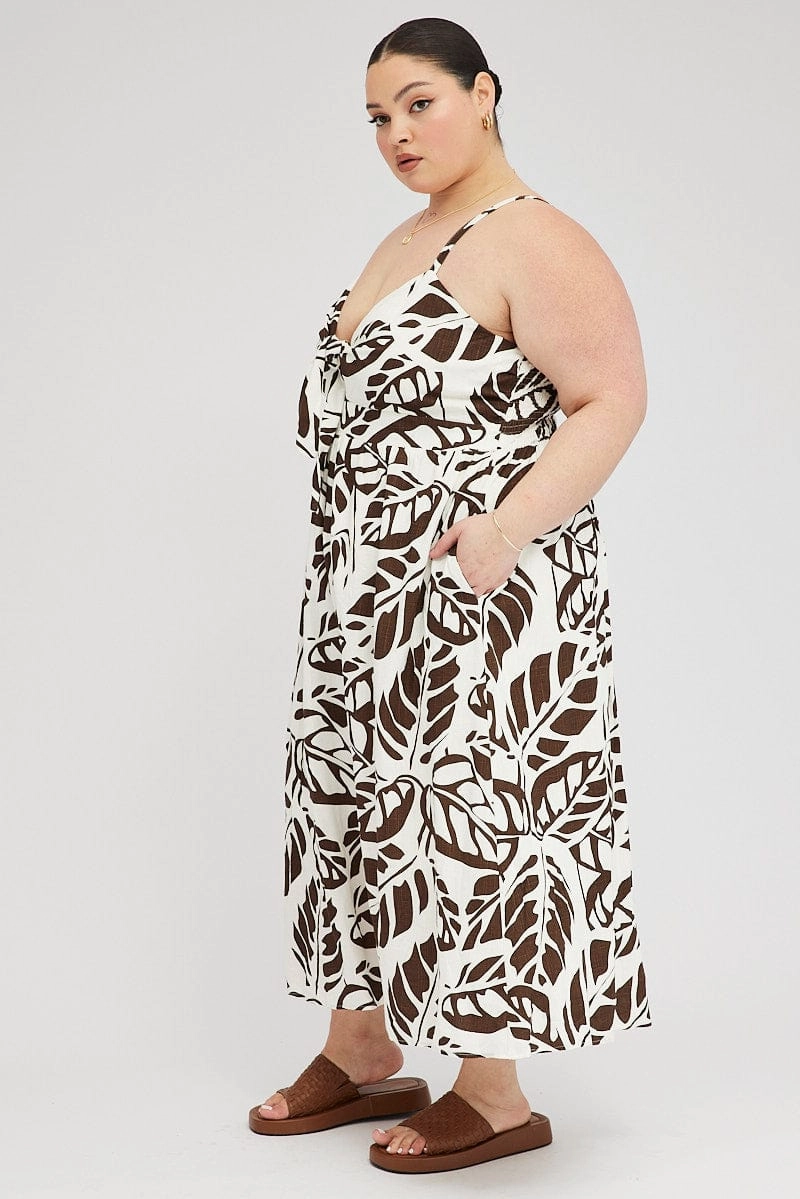 Soft Stretch Daily Form Brown Floral Midi Dress Linen Blend Sleeveless Pocket Front