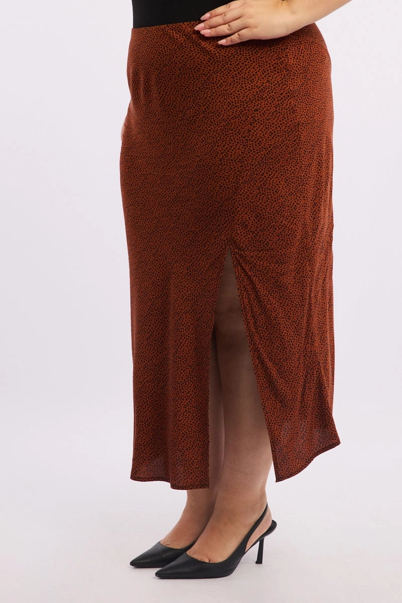 Brown Geo Spot Slip Skirt Roll Up Fasten flared silhouette