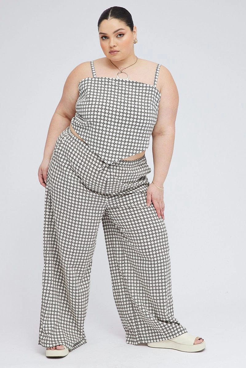Brown Geo Wide Leg Pants High Rise Flexible Knees