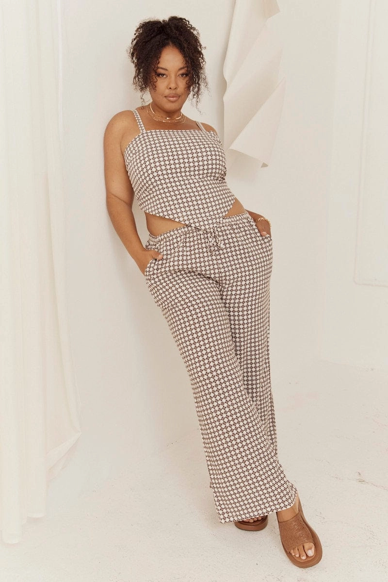 Brown Geo Wide Leg Pants High Rise Adjustable Belt Loops