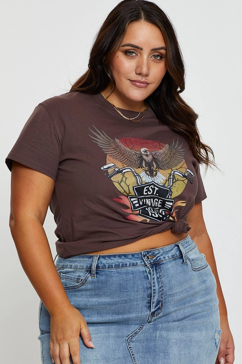 Brown Graphic T-shirt Eagle 1989 Short Sleeve Cotton Wicking Interlock Knit Versatile Fit