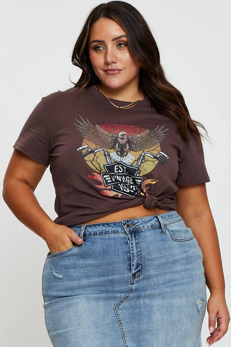 Urban Trend Brown Graphic T-shirt Eagle 1989 Short Sleeve Cotton