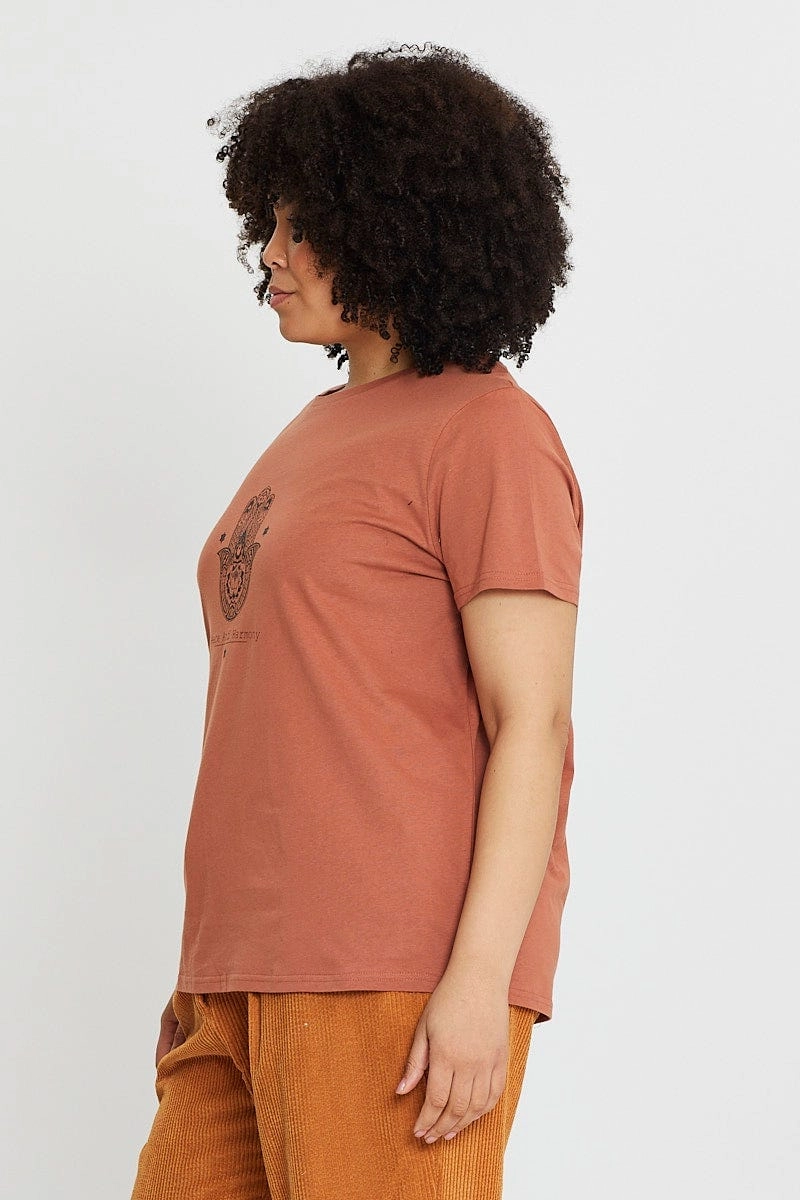 Day-to-Day Comfort Comfort Flex Brown Graphic T-shirt Hand Crew Neck Short Sleeve Cotton