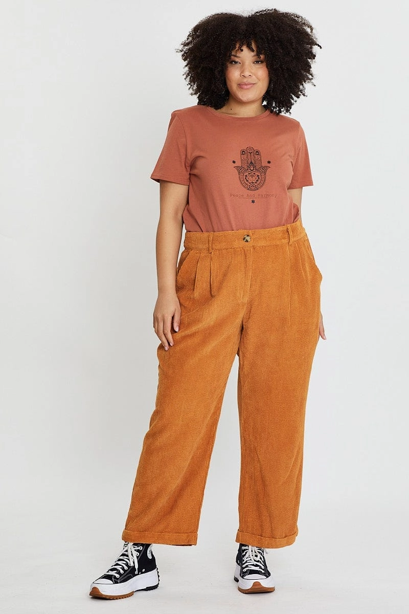 Brown Graphic T-shirt Hand Crew Neck Short Sleeve Cotton Durable Knitwear Tear Resistant
