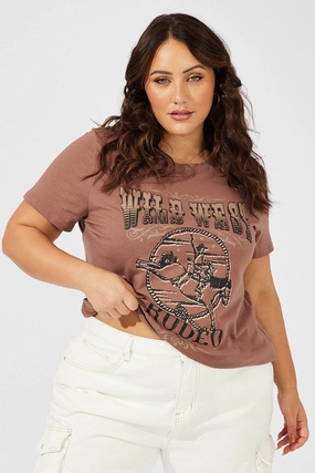 Brown Graphic T-shirt Short Sleeve Crew Neck Classic Layering