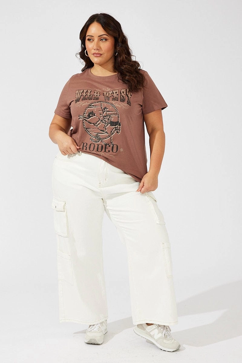 Brown Graphic T-shirt Short Sleeve Crew Neck Tight fit sexiness