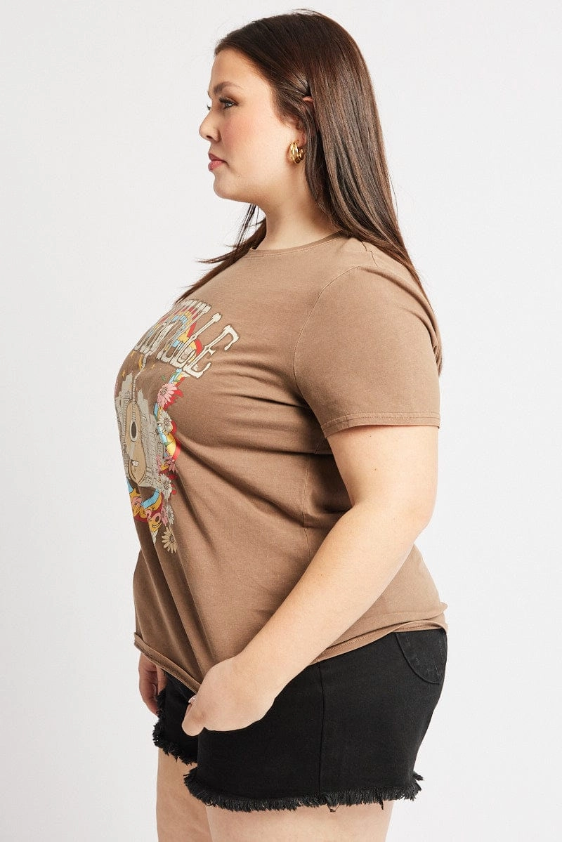 Brown Graphic T Shirt Short Sleeve Crew Neck Cozy Comfort