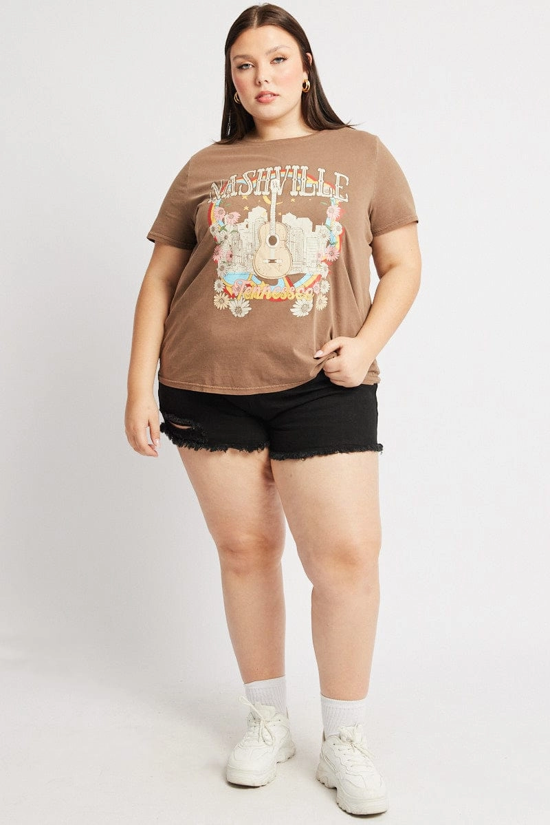 All-Season Comfort Informal charm Brown Graphic T Shirt Short Sleeve Crew Neck