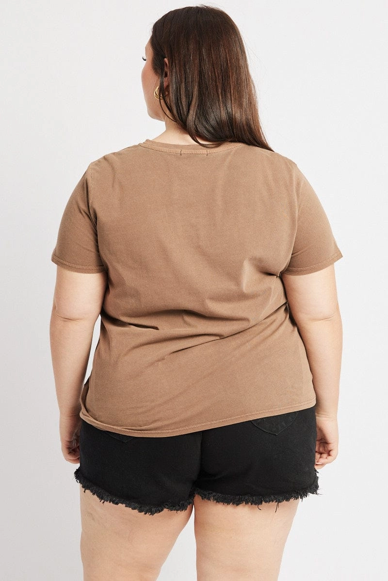 Brown Graphic T Shirt Short Sleeve Crew Neck Subtle Embroidery