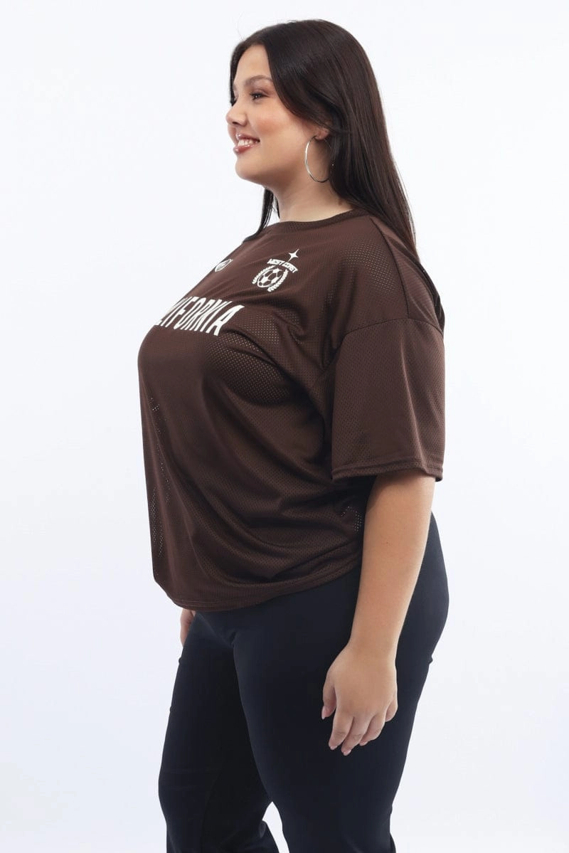 Brown Graphic T Shirt Short Sleeve Crew Neck Fashion Layering Flexible Shoulder Seams