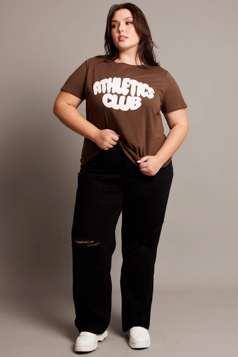 Brown Graphic T-shirt Short Sleeve Crew Neck Smooth Neckline