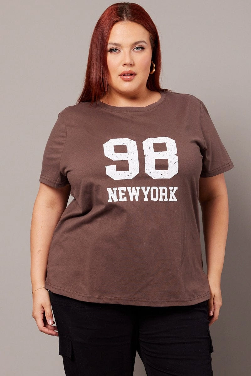 Brown Graphic T-shirt Short Sleeve Crew Neck Flexible Cuff Design Bohemian