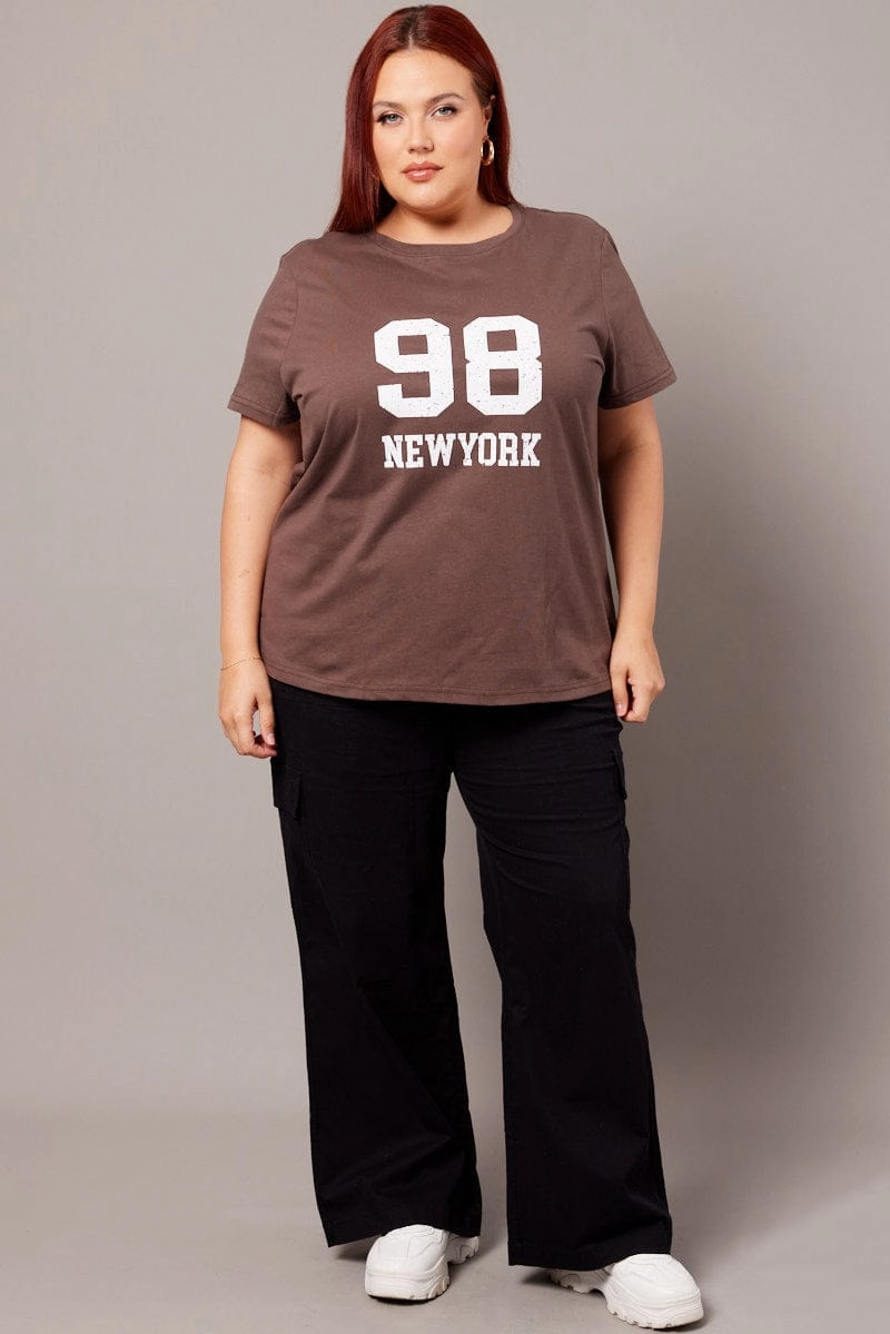 Vintage Wash Effect Oversized Cut Brown Graphic T-shirt Short Sleeve Crew Neck