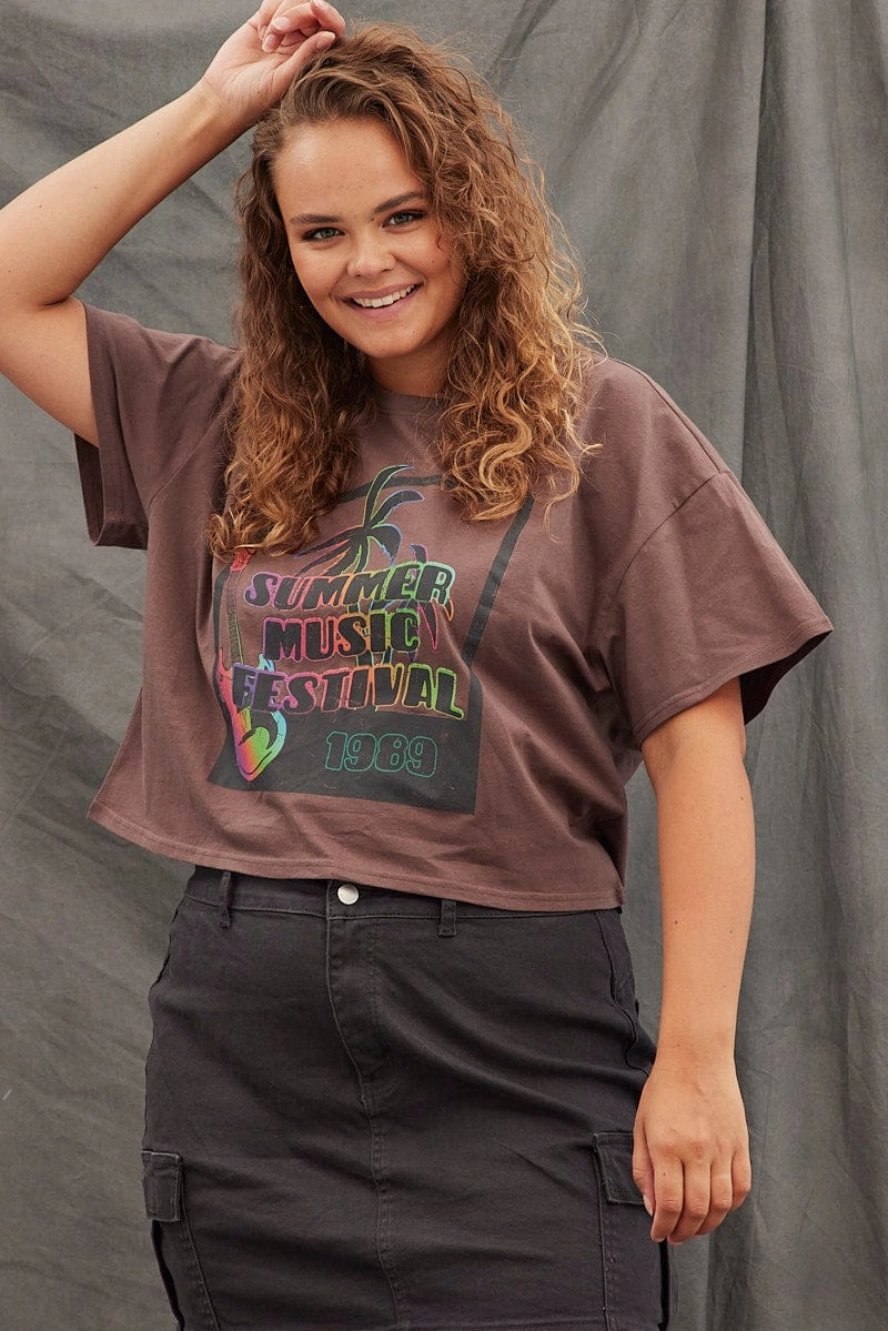 Brown Graphic T-shirt Short Sleeve Music Festival Active Style Trend Anti Perspiration Lining