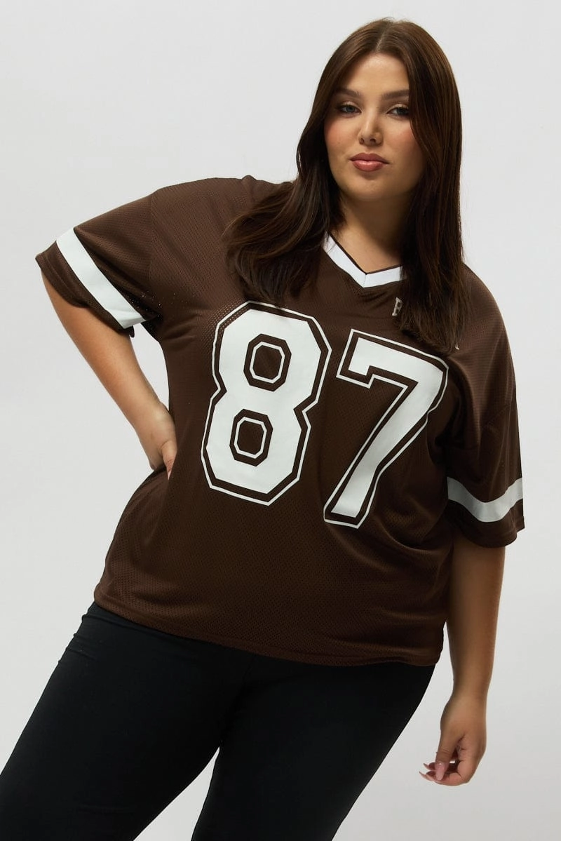 Brown Graphic T Shirt Short Sleeve V Neck AllWeatherComfort