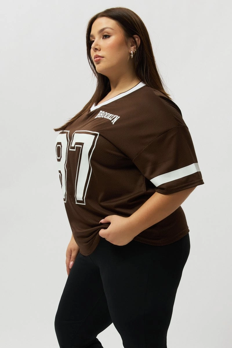 Brown Graphic T Shirt Short Sleeve V Neck Long Lasting Color