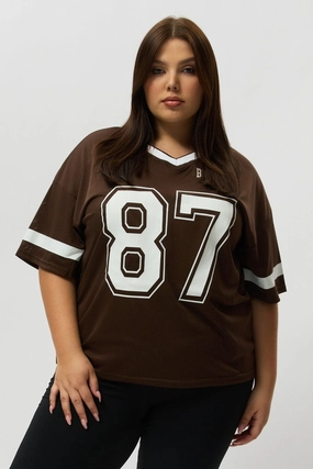 Brown Graphic T Shirt Short Sleeve V Neck Active Style Skinny Fit