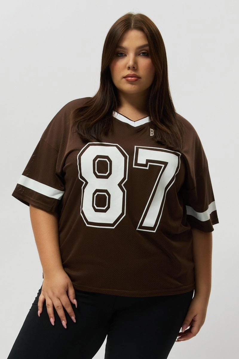 Brown Graphic T Shirt Short Sleeve V Neck Active Style Skinny Fit