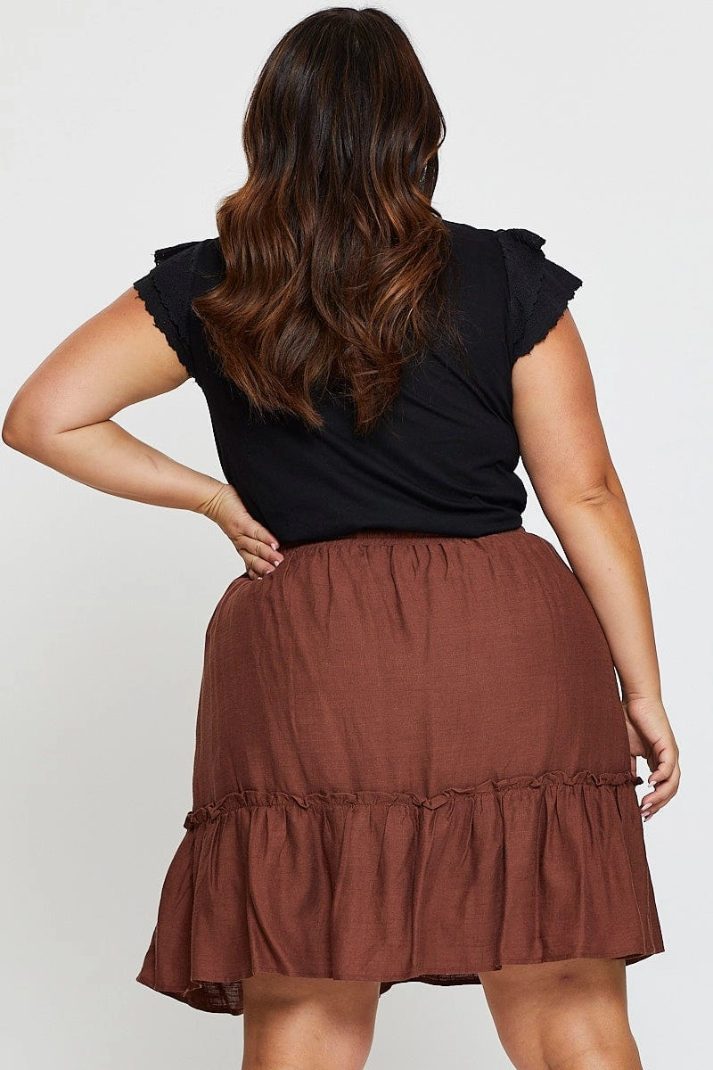 Brown High Waist Linen Blend Skater Mini Skirt Fashion Combo Frayed Finish