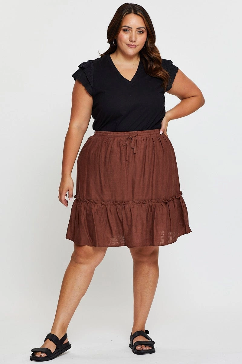Bold Look Brown High Waist Linen Blend Skater Mini Skirt