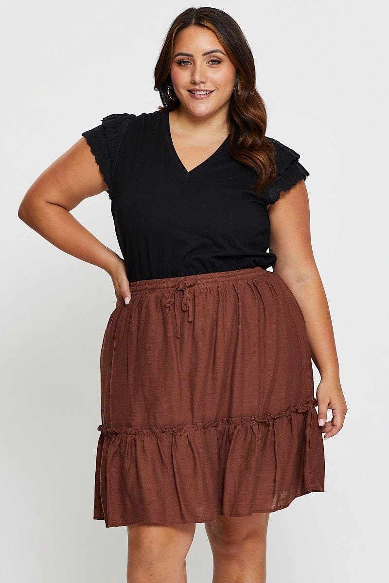 Effortless Feel Comfy Look Brown High Waist Linen Blend Skater Mini Skirt