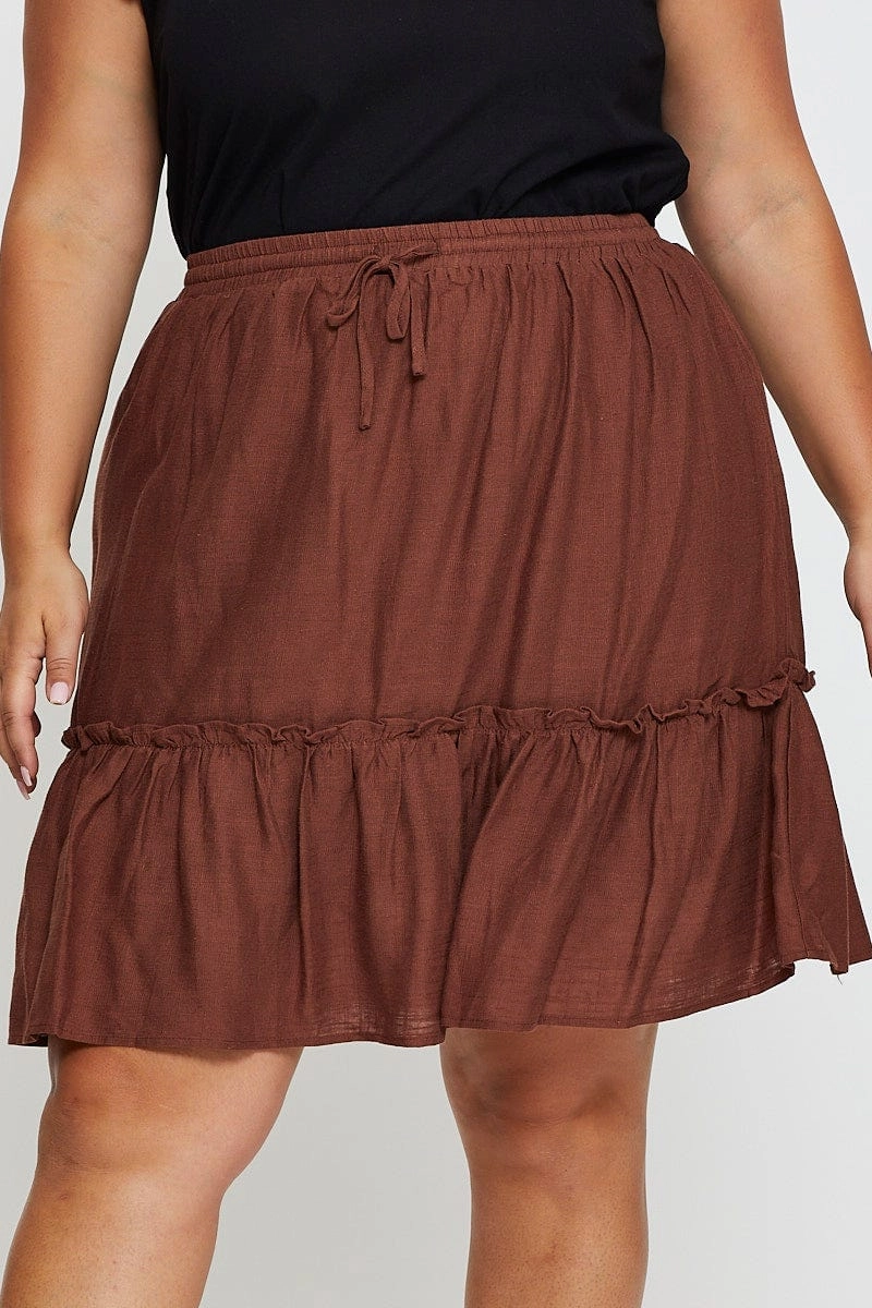 Mix Texture Smooth Finish Brown High Waist Linen Blend Skater Mini Skirt