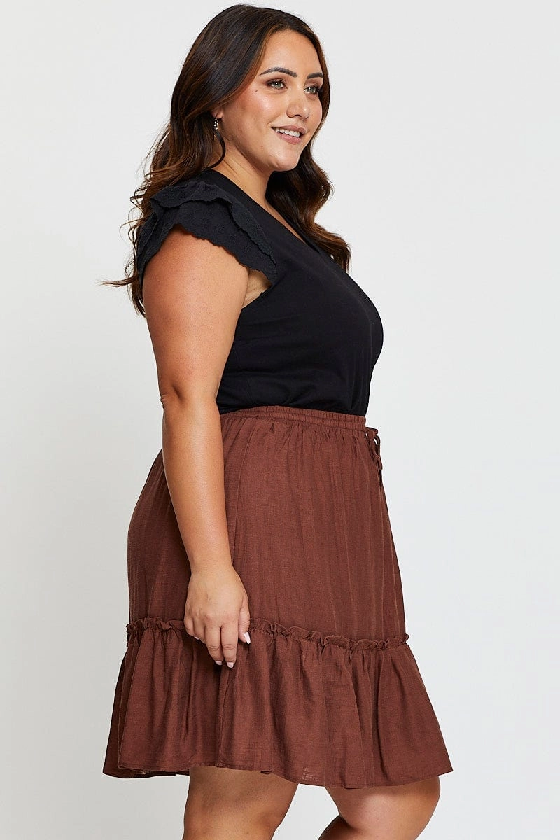 Double Stitched Brown High Waist Linen Blend Skater Mini Skirt