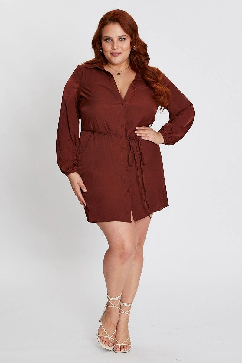 Polished Layer Casual event outfit Brown Long Sleeve Tie Waist Shirtdress