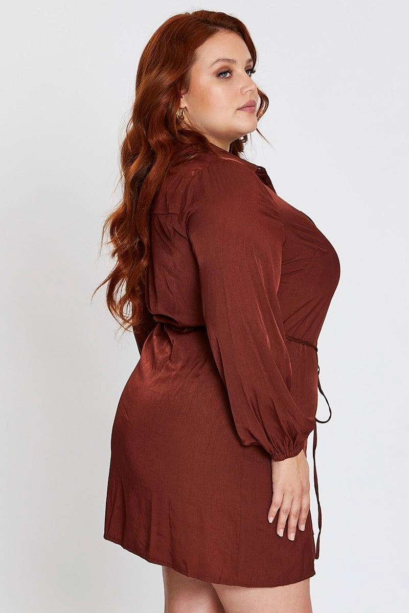 Brown Long Sleeve Tie Waist Shirtdress elegant design Slit-Hem