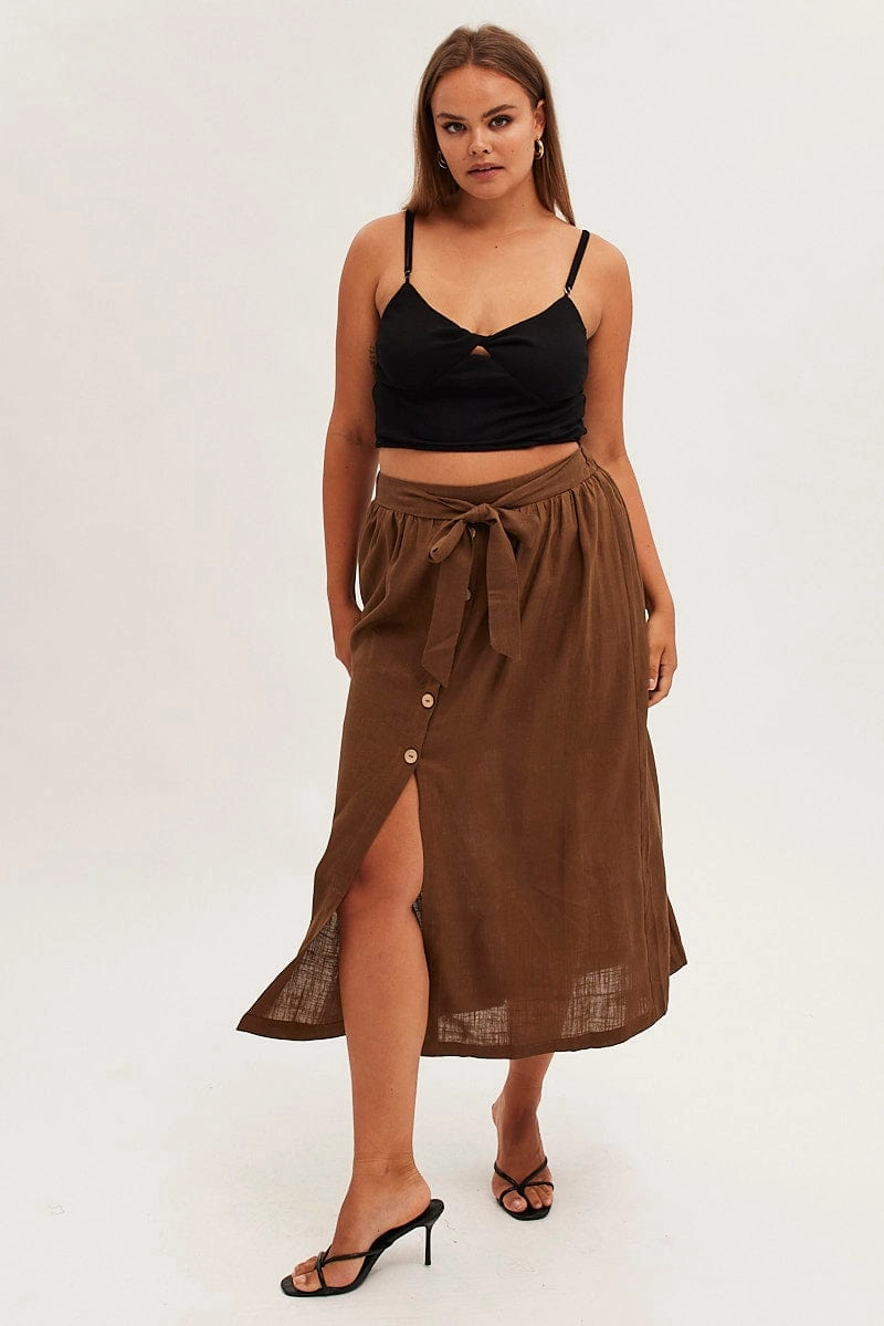 Brown Maxi Skirt Button Front Tie Waist Daily Style Pocket Design