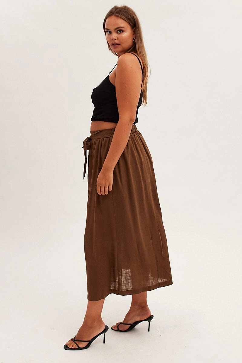 Wedding guest Brown Maxi Skirt Button Front Tie Waist