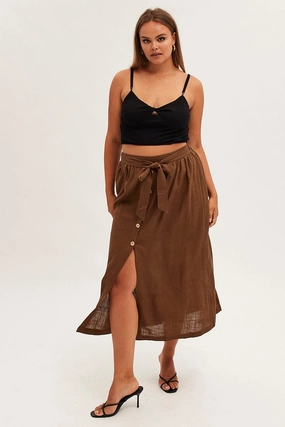 Brown Maxi Skirt Button Front Tie Waist Daily Style Pocket Design