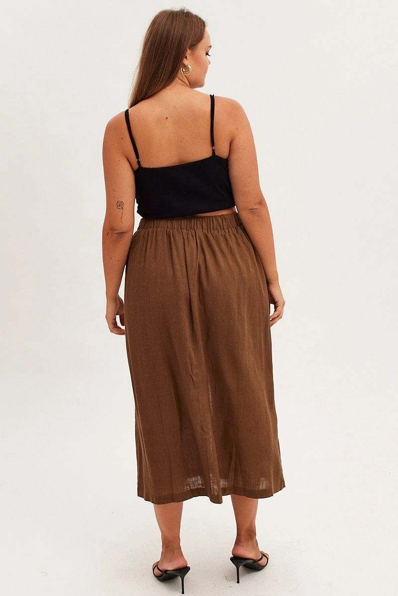 Brown Maxi Skirt Button Front Tie Waist Minimalist Layering Hidden Zipper