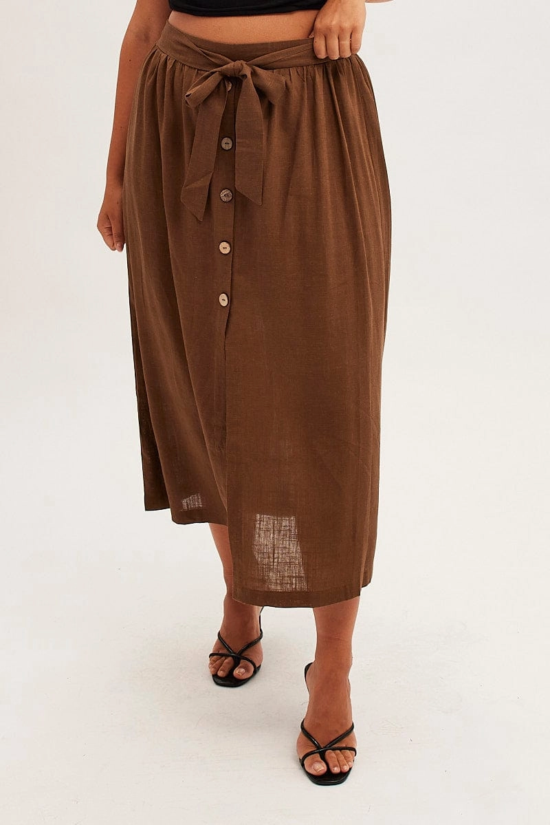 Brown Maxi Skirt Button Front Tie Waist Outfit Combo