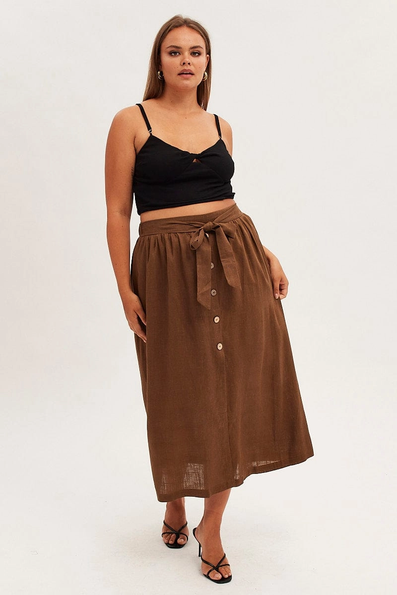 Soft Focus Relaxed Mood Brown Maxi Skirt Button Front Tie Waist