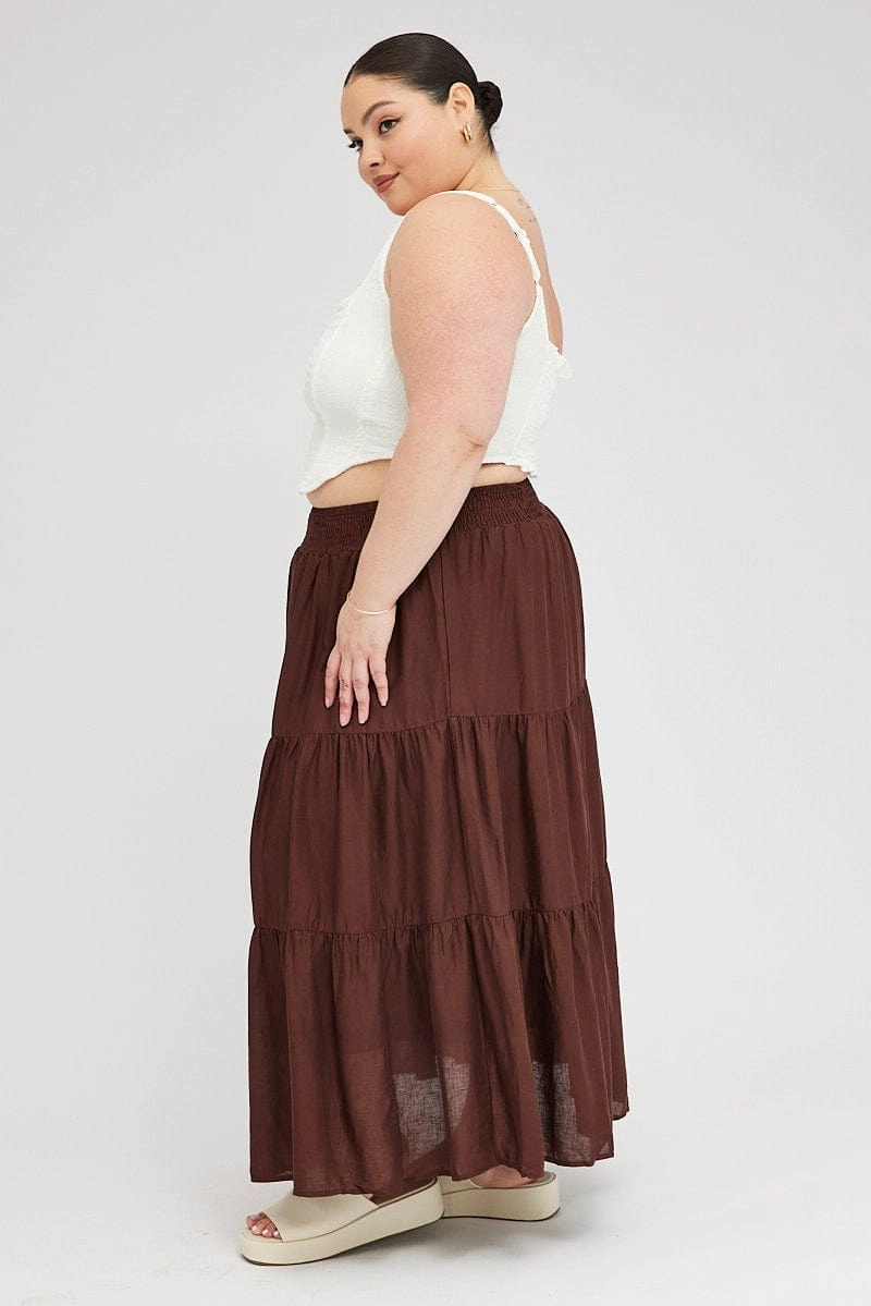Brown Maxi Skirt Shirred Waist Tiered Flexible Knit