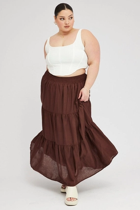 Brown Maxi Skirt Shirred Waist Tiered Chic Fit