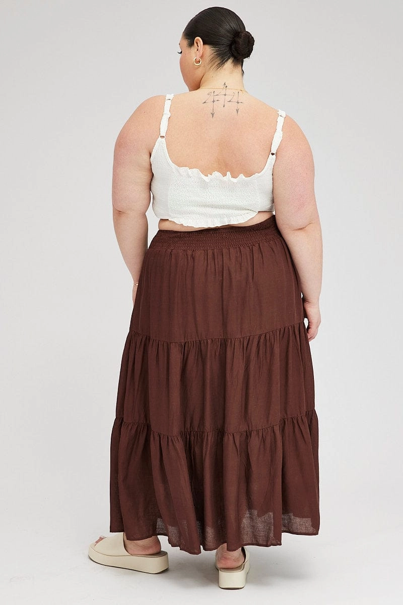 Brown Maxi Skirt Shirred Waist Tiered Texture Play