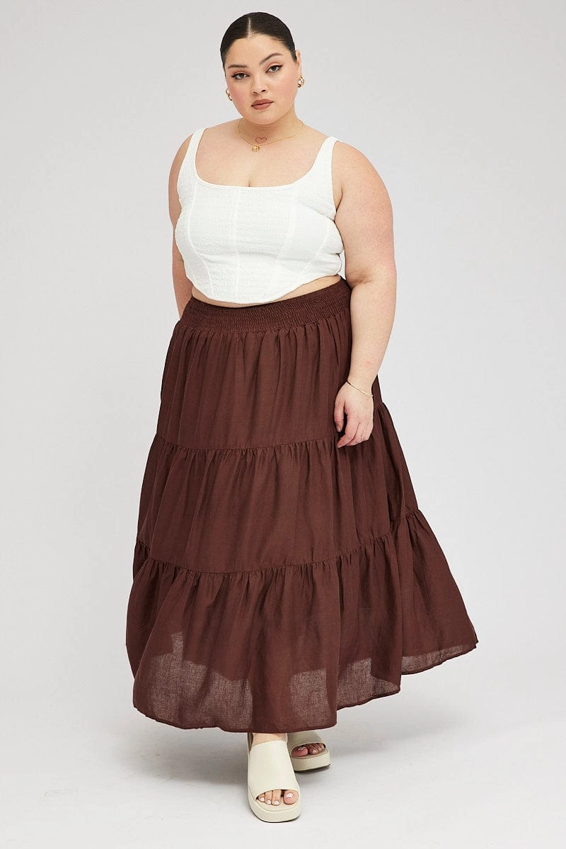 Full Circle Brown Maxi Skirt Shirred Waist Tiered