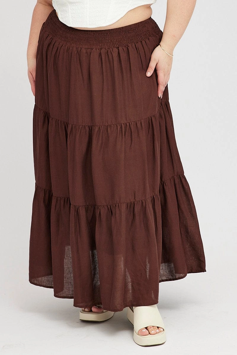 Elegant Feel Refined Mood Brown Maxi Skirt Shirred Waist Tiered