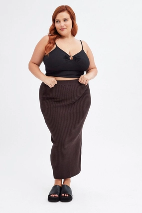 Crisscross Back Brown Midi Bodycon Skirt Knit