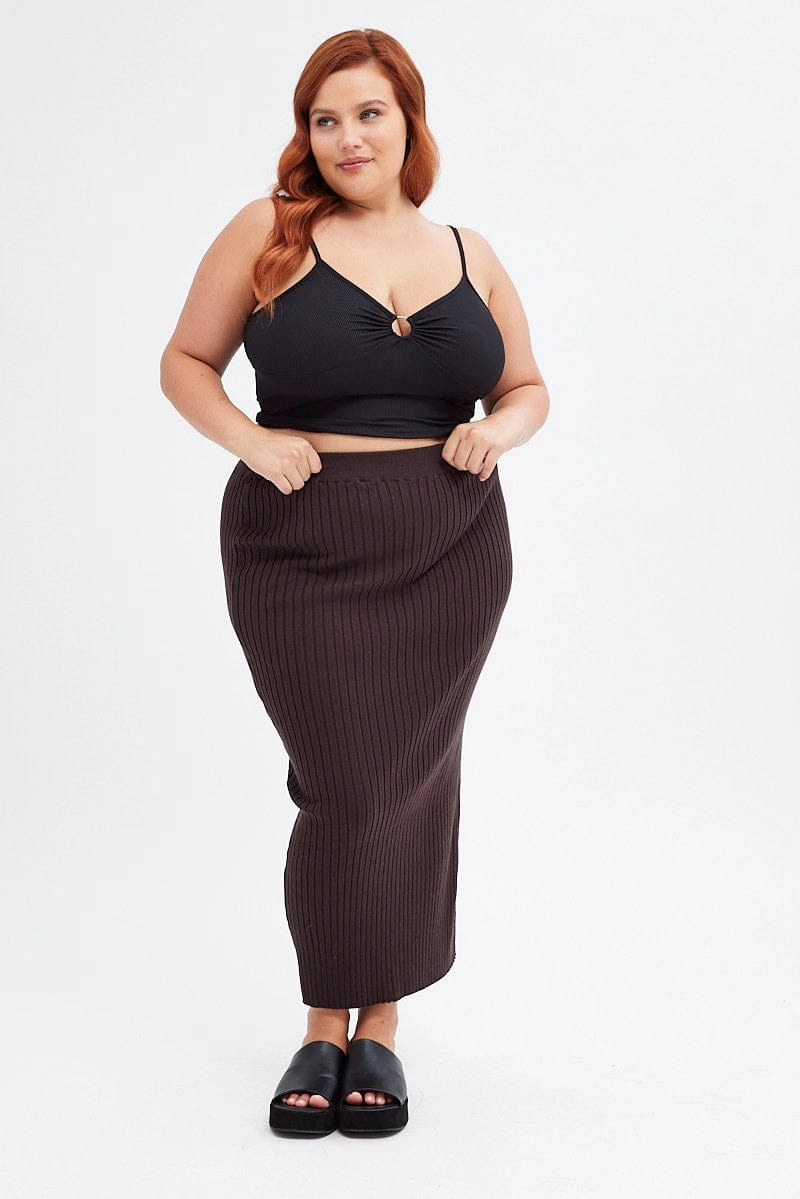 Crisscross Back Brown Midi Bodycon Skirt Knit