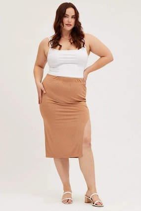 Brown Midi Bodycon Skirt Rib Wardrobe Classic Weekend Vibes