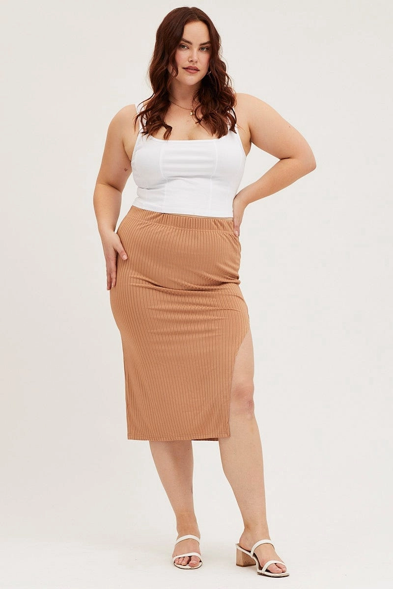 Brown Midi Bodycon Skirt Rib Wardrobe Classic Weekend Vibes