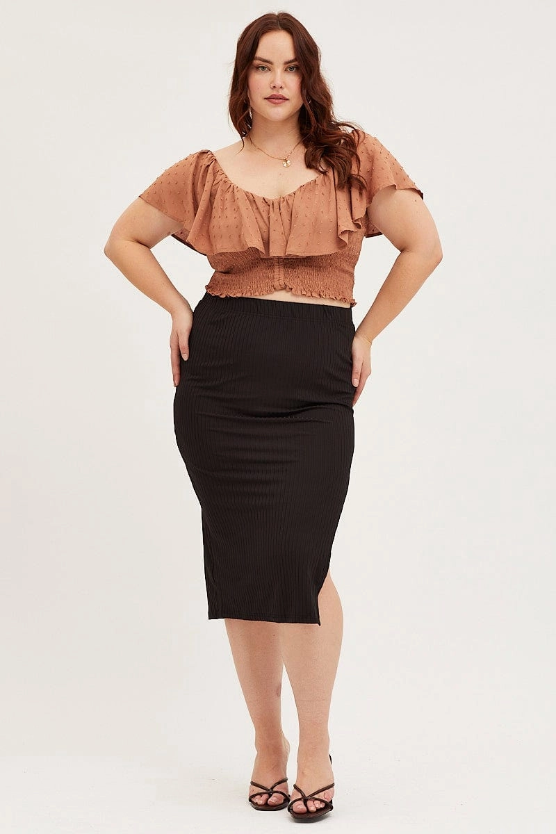 Ethically Made Brown Midi Bodycon Skirt Rib