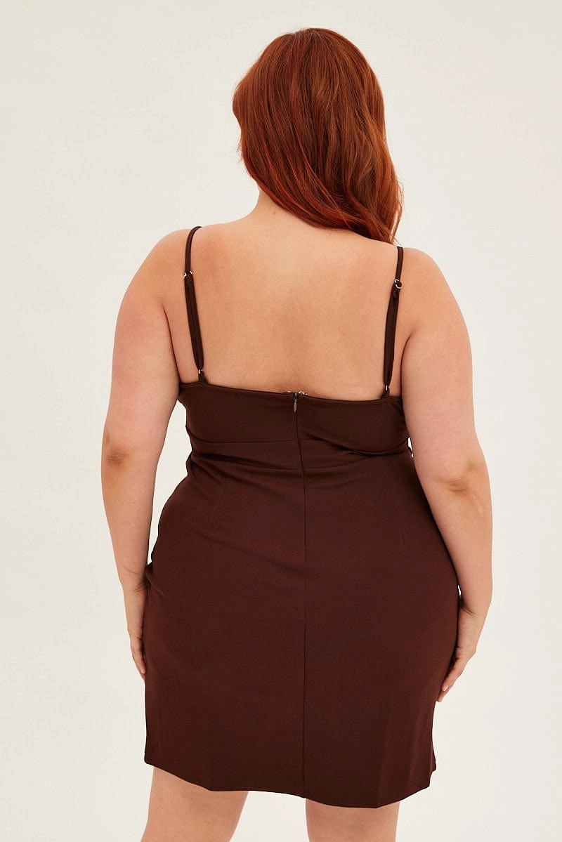 Brown Midi Dress Shoestring Strap Fitted Stretch Crepe Lazy Pick